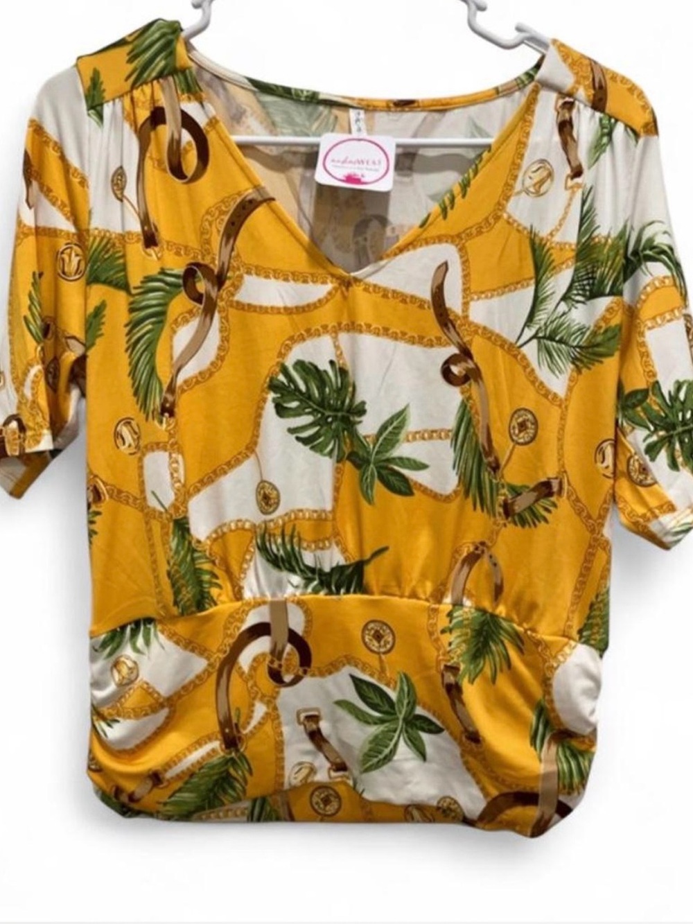 DNA couture Mustard Yellow Tropical Print V-Neck Short Sleeve Top